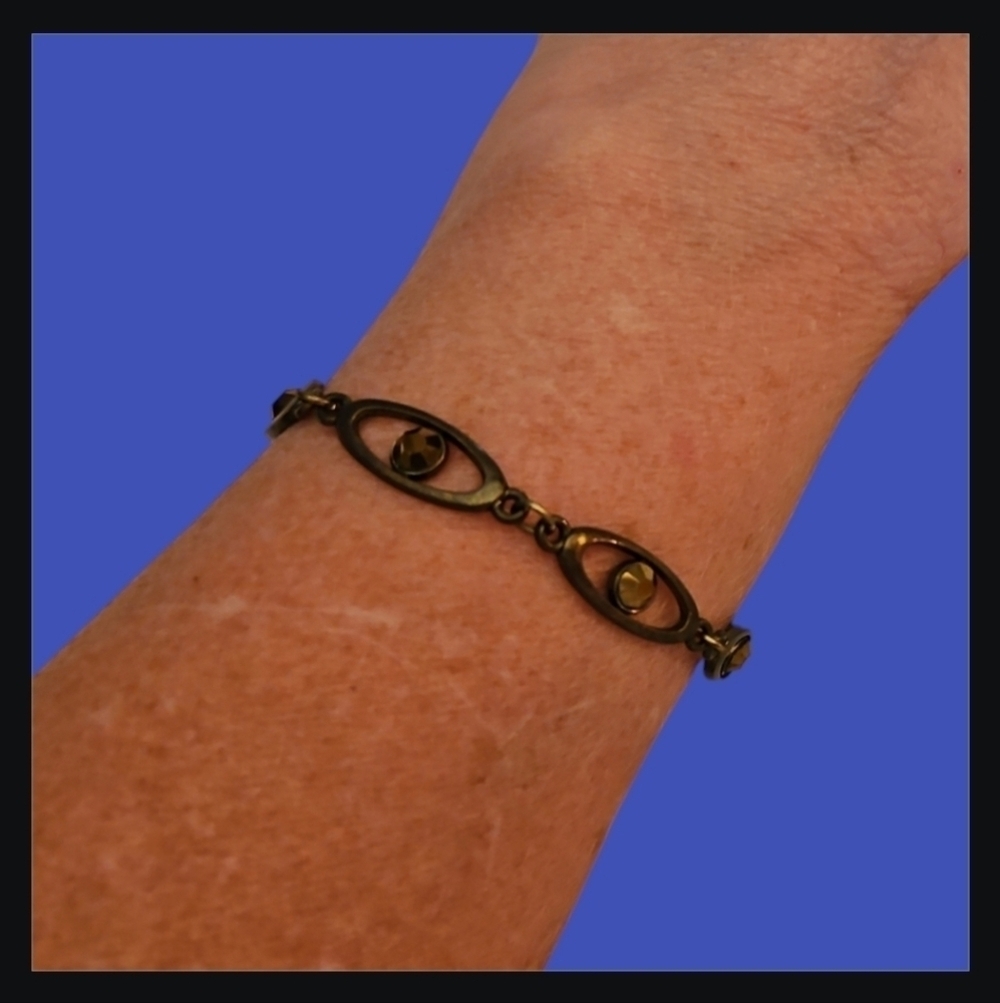3/$30 VTG Bronze Oval Link Crystal Lobster Claw Clasp Bracelet